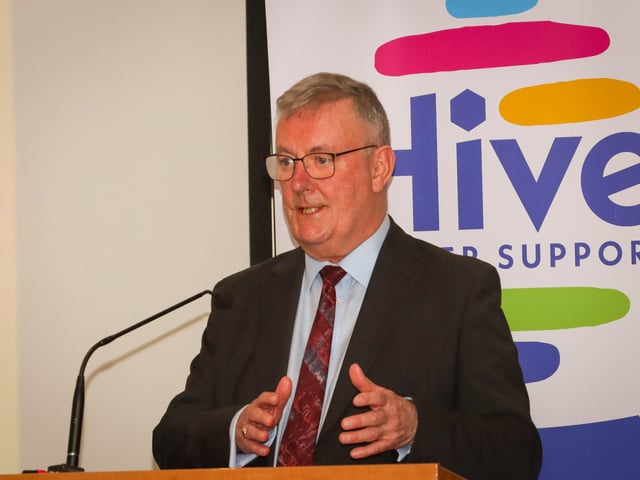 Health Minister Mike Nesbitt delivering the keynote address at the Hive Cancer Support World Cancer Day Conference at Derry's City Hotel.