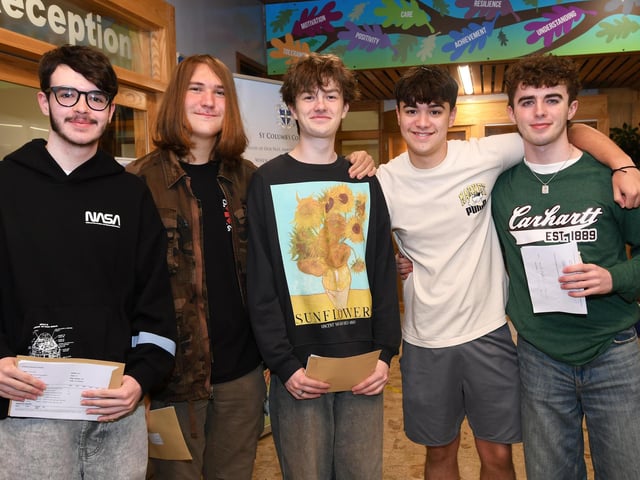 All smiles afte collecting their results at St. Columb's College were, from left, Matthew McLaughlin, Dara McDaid, Shay O'Kane, Caoimhin Duddy and Cian O'Dowd.