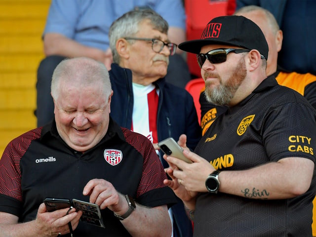 Derry City fans at the game against Shelbourne in the Ryan McBride Brandywell Stadium. Photo: George Sweeney. DER2321GS - 71