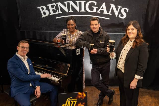 The Mayor Councillor Lilian Seenoi-Barr pictured at the launch of the Guinness Jazz Trail as part of Derry City and Strabane District Councils City of Derry Jazz and Big Band Festival which is returning on May 1st-5th for the Bank Holiday weekend. Joining the first citizen in Bennigan’s Bar are in Martin Venning, Guinness, musician and bar owner John Leighton and Aisling McCallion, Festival & Events Coordinator. Derry City & Strabane District Council. Picture Martin McKeown. 19.03.25