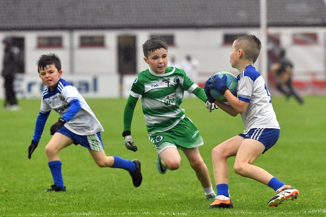 Young footballers from Faughanvale and Ballinderry playing during the SFC final interval at Celtic Park on Sunday afternoon. Photo: George Sweeney