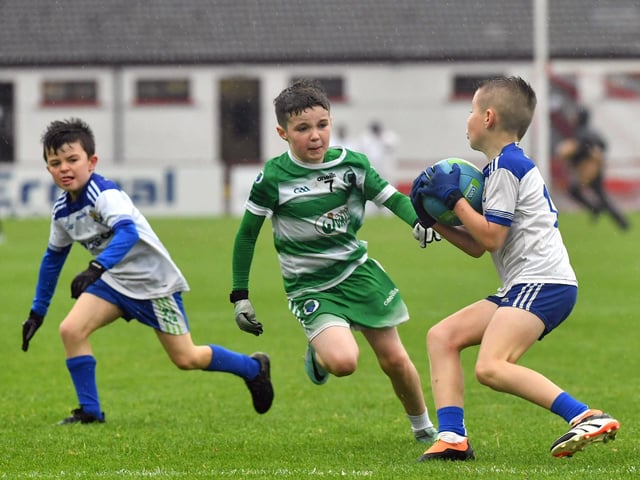 Young footballers from Faughanvale and Ballinderry playing during the SFC final interval at Celtic Park on Sunday afternoon. Photo: George Sweeney