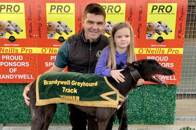 'Stefans Magic' who won the last race at Brandywell with Shea Campbell and his daughter, Faye.