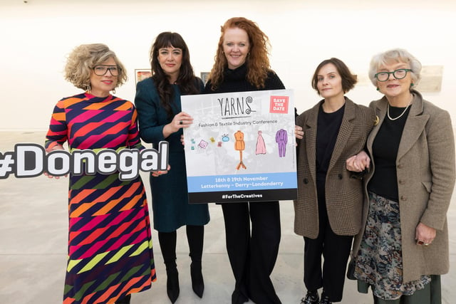 (From Left) Designer Sonya Lennon, Grace Korbel, Assistant Head of Enterprise, Paula Hughes, Creative Fashion Consultant, Aisling Farinella, Stylist & Creative Consultant, and Deirdre McQuillan, Fashion Editor for The Irish Times, attend the official launch of the Yarns seminar in the Regional Cultural Centre in Letterkenny.
Picture By Joe Dunne 19/11/22:.
