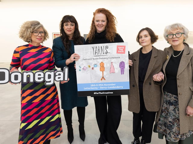 (From Left) Designer Sonya Lennon, Grace Korbel, Assistant Head of Enterprise, Paula Hughes, Creative Fashion Consultant, Aisling Farinella, Stylist & Creative Consultant, and Deirdre McQuillan, Fashion Editor for The Irish Times, attend the official launch of the Yarns seminar in the Regional Cultural Centre in Letterkenny.Picture By Joe Dunne 19/11/22:.