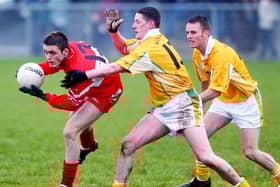 Eoin Bradley takes on the Antrim defence during the 2004 McKenna Cup clash at Glen.
