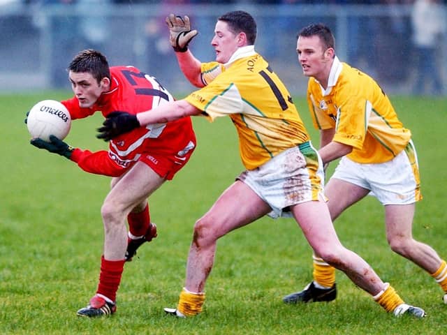 Eoin Bradley takes on the Antrim defence during the 2004 McKenna Cup clash at Glen.
