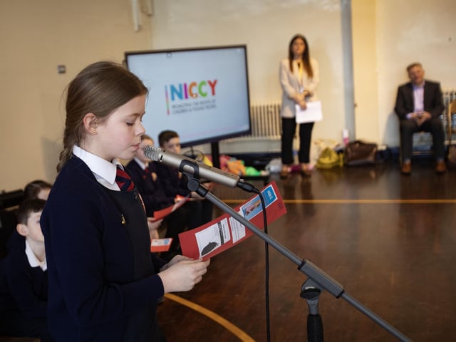 Elsie from the School Council addressing the Children's Commissioner on Thursday at Holy Child PS.