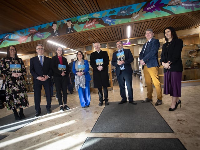 The Senior Management Team pictured at the St. Columb's College Open Day on Saturday. From left, Mrs Kirby (Senior Teacher), Mr McGonigle (Senior Teacher), Mrs Grimley (Vice Principal), Mrs McLaughlin (Principal), Fr O'Donnell (School Chaplain), Mr Johnston (Vice Principal), Mr Keys (Vice Principal) and Mrs Duffy (Senior Teacher). (Photos: Jim McCafferty Photography) : .