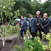 The Mayor, Councillor Patricia Logue planting a White Birch tree in the grounds of St. Columb's Park House to commemorate the genocide which took place in Srebenicia during July 1995. Included are Amil Khan, Remembering Srebenicia UK, Martin Gallagher, Derry City & Strabane District Council, and Denise Wright, board member, Remembering Srebenicia UK.
