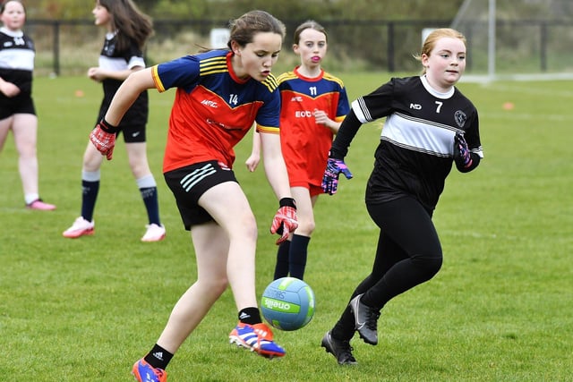 Steelstown PS take on St Brigid’s PS during the Derry Primary Schools Football Championships at Steelstown GAC. Photo: George Sweeney