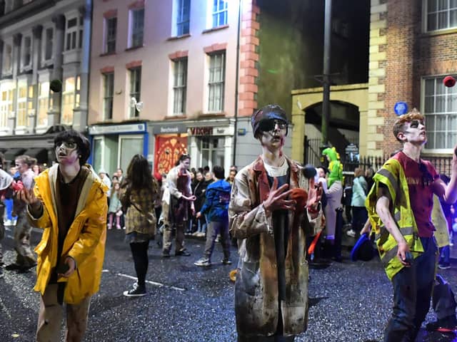 Revellers, performers and early contenders for the best Halloween costume converged on Derry’s city centre on Monday evening for the opening of the 2024 Halloween festivities.  Photo: George Sweeney
