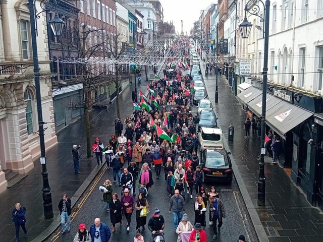 Thousands participate in Derry rally for Palestine calling for a ceasefire in Gaza on January 13, 2024