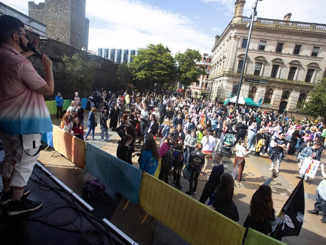The Foyle Pride Parade makes its way into Guildhall Square on Saturday. (Photos: Jim McCafferty Photography)