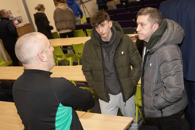 The Foundation's Stephen Parkhouse in conversation with a prospective BTEC student and his father on Thursday night.
