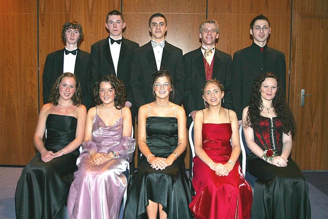 From left (seated), Lucy Sinclair, Linda Doherty, Charlotte Simpson, Claire Sinton and Caroline  Temple.  Back row, Peter O'Donnell, Samuel McKinney, Chris Huey, Head Boy, Graeme Young and Gary Doherty. (0402T12)