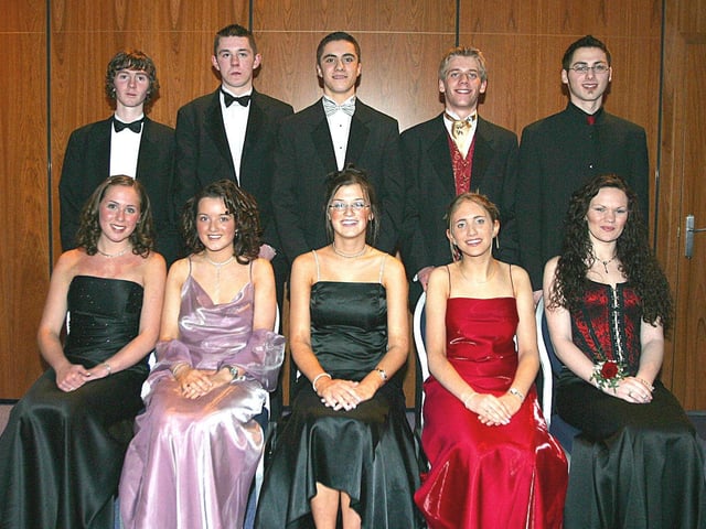 From left (seated), Lucy Sinclair, Linda Doherty, Charlotte Simpson, Claire Sinton and Caroline  Temple.  Back row, Peter O'Donnell, Samuel McKinney, Chris Huey, Head Boy, Graeme Young and Gary Doherty. (0402T12)