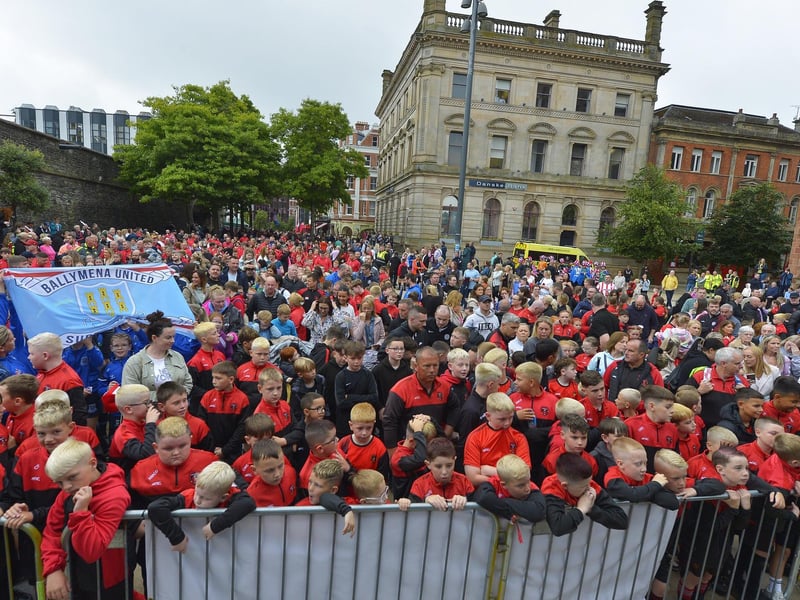Foyle Cup teams and supporters gather in Guildhall Square. Photo: George Sweeney