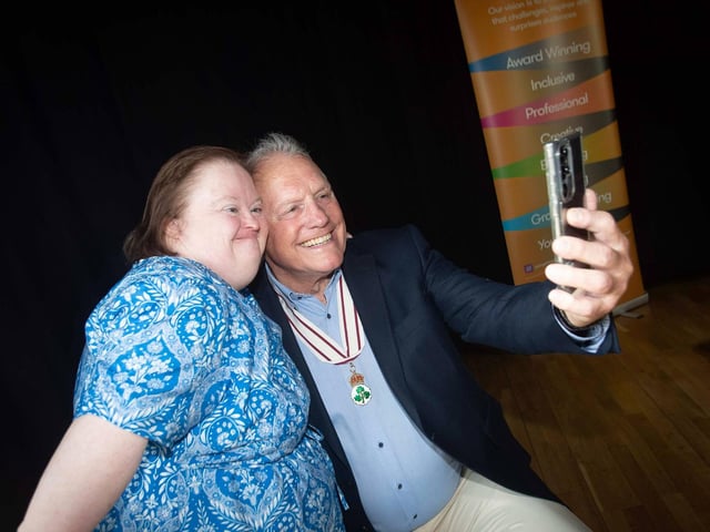Lord Lieutenant Ian Crowe takes a selfie with Stage Beyond Theatre Company member Marie Anderson during his recent visit.
