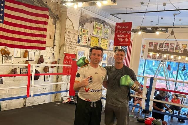 Derry boxing legend John Duddy pictured with unbeaten middleweight Connor Coyle after a training session in New York City last week.