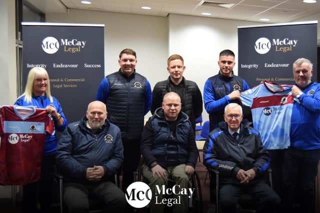 Gareth McCay of McCay Legal pictured with 'Stute chairman, Bill Anderson, manager Kevin Deery and club officials after signing a sponsorship deal,