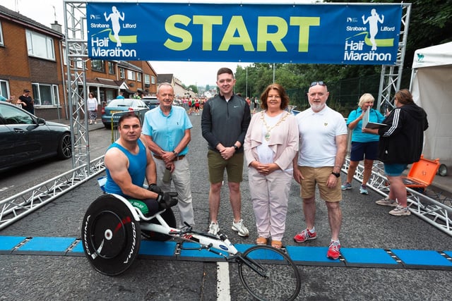 Mayor of Derry City and Strabane District Council, Councillor Patricia Logue with wheelchair Athlete Karol Doherty and organisers at Sunday's Strabane Lifford Half Marathon. (Photo: Karol McGonigle)