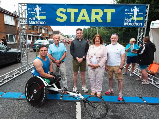 Mayor of Derry City and Strabane District Council, Councillor Patricia Logue with wheelchair Athlete Karol Doherty and organisers at Sunday's Strabane Lifford Half Marathon. (Photo: Karol McGonigle)