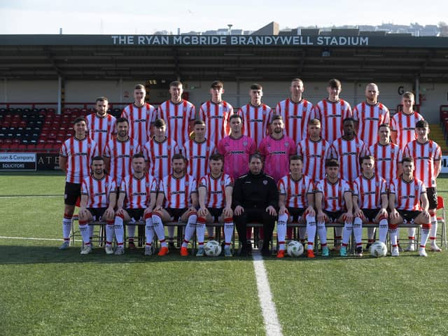 Derry City First Team Squad 2024 with manager Ruaidhrí Higgins. Photo: George Sweeney
