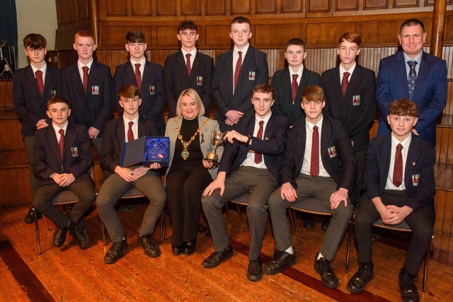 The Mayor Councillor Sandra Duffy welcomed pupils from Lisneal College to the Guildhall as she recognised the hugely successful cricket teams who claimed four trophies last season including the, U15 Ulster Schools Cup team. Picture Martin McKeown. 26.01.23:.