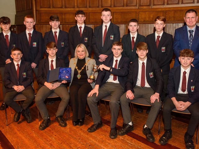 The Mayor Councillor Sandra Duffy welcomed pupils from Lisneal College to the Guildhall as she recognised the hugely successful cricket teams who claimed four trophies last season including the, U15 Ulster Schools Cup team. Picture Martin McKeown. 26.01.23:.