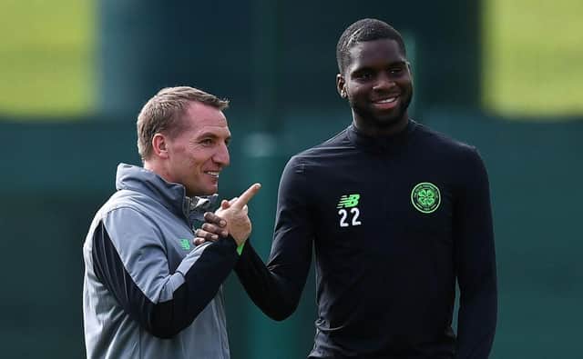 Brendan Rodgers and Odsonne Edouard (Photo by FRANCK FIFE/AFP via Getty Images)
