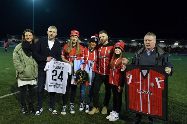 Derry City and Dundalk FC present club jerseys to the family of the late Private Sean Rooney, who was killed in Beirut on 14th December last, before Friday evening’s game. From left to right are Maria O’Connor, Sean O’Connor, chairman, Dundalk FC, Holly McConnellogue, Natasha Rooney McCloskey, Paul McCloskey ,Robyn McCloskey and Philip O’Doherty, chairman, Derry City FC.