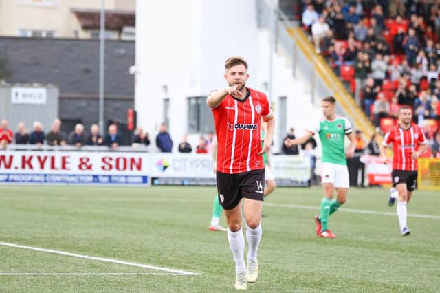 Derry City's Will Patching celebrates his goal against Cork back in 2022. (Photo: Kevin Moore)