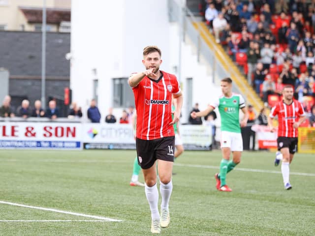 Derry City's Will Patching celebrates his goal against Cork back in 2022. (Photo: Kevin Moore)