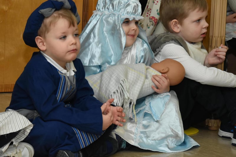Jesus was born! (left to right - Aodhán, Charlotte, Callum) at the Long Tower PS Christmas Nativity.