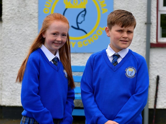 Cara and Charlie-Jo P7 leavers from Mrs McKinney’s class at Listress Primsry School Photo: George Sweeney. DER2321GS – 88