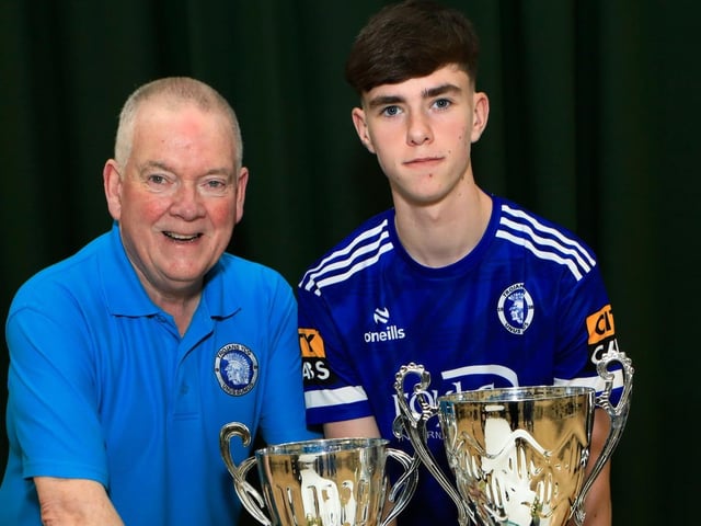Raymond Carton with Charlie McLeary, Record Goalscorer of the Year totalling 110 goals smashing the club's record at Trojans annual presentation of awards held in Cecilia's College. (Photo - Tom Heaney, nwpresspics)