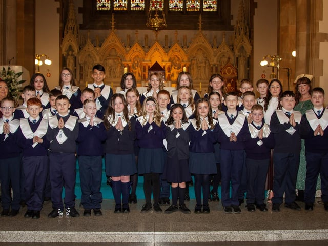ROSEMOUNT  PS CONFIRMATION. . . . . .Pupils from Rosemount  Primary School, who received the Sacrament of Confirmation from Fr. Paul Farren at St. Eugene's Cathedral on Friday last.. Included are Mrs Aoife Meenan, Acting Principal, Mrs Creighton, class teacher, Mrs McDaid, Miss Begley and Miss McDaid, assistants.  (Photo: Jim McCafferty Photography)