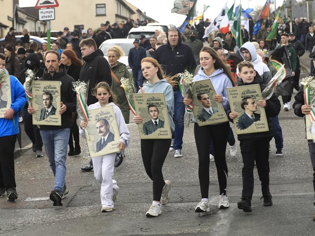 Young people carrying photographs of the 1916 Rising leaders at the Saoradh Easter Commemoration leaving Creggan Shop to City Cemetery.  (Photo - Tom Heaney, nwpresspics)