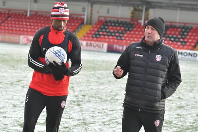 Derry City's Sadou Diallo alongside Alan Reynolds during pre-season training in January.