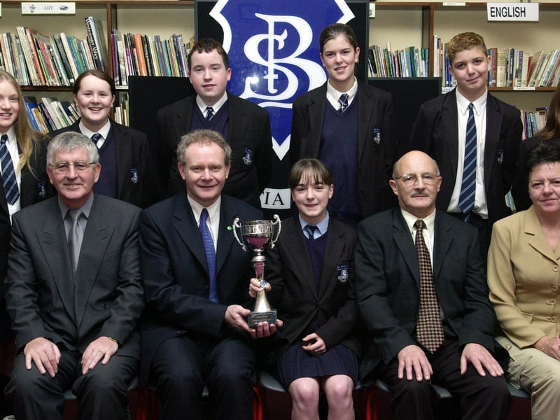Mr. Martin McGuinness, Minister for Education, seated second, from left, presentin the Michelle Web Cup to Louise Hutton. Included at front, from left, are Mr. Paul Molloy, principal, Mr. John McLaughlin, Education Welfare officer, and Councillor Lynn Fleming, Board of Governors. Back, from left, are Crest Science Award winners Roisin Chambers, Laura Duddy, Conor McLaughlin, Michaela McElhinney, Mark Rogan and Emma Gillen. (1/12/CD19) : Pictured are students, staff and invited guests at the annual school prize-giving at St Brecan's High School, Top of the Hill back in the year 2000.