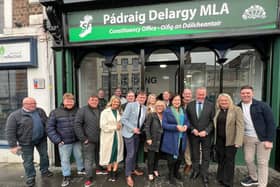 Sinn Féin MLAs Pádraig Delargy and Ciara Ferguson with party president Mary Lou McDonald, Newry & Armagh MLA Conor Murphy and local councillors at the launch of the party's new offices in Bishop Street.