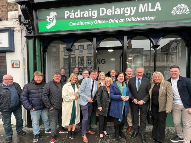 Sinn Féin MLAs Pádraig Delargy and Ciara Ferguson with party president Mary Lou McDonald, Newry & Armagh MLA Conor Murphy and local councillors at the launch of the party's new offices in Bishop Street.