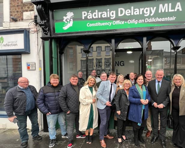 Sinn Féin MLAs Pádraig Delargy and Ciara Ferguson with party president Mary Lou McDonald, Newry & Armagh MLA Conor Murphy and local councillors at the launch of the party's new offices in Bishop Street.