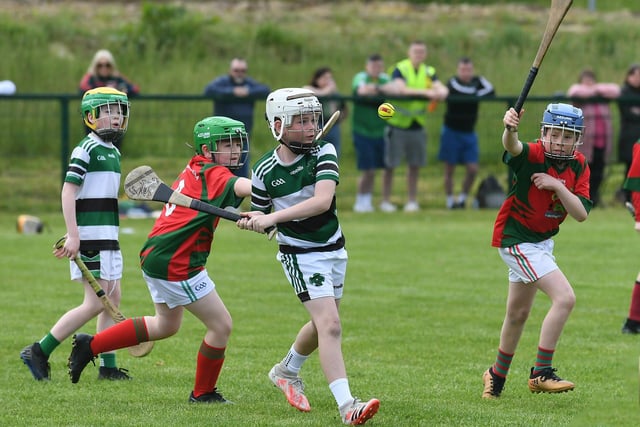 Na Magha take on Carndonagh in the annual Sean Mellon Hurling Festival hosted by Na Magha on Saturday. Photo: George Sweeney.