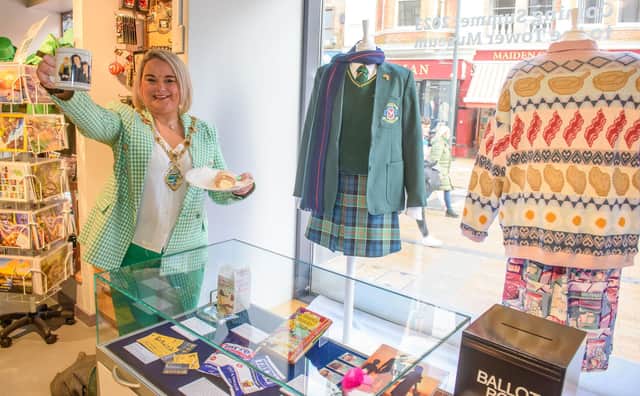 The Derry Girls Taster display has officially been unveiled by the Mayor Councillor Sandra Duffy in the Visit Derry Centre in the city’s Waterloo Place ahead of the opening of the Derry Girl’s Experience in July this year. The display contains some of the artefacts which featured in the filming of the globally successful Channel 4 series. Picture Martin McKeown. 16.03.23