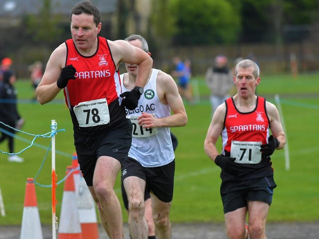 Spartans Kieran Hurley (78) and Ronan Healy (71) competing in the Spartans open cross country 6k race at Thornhill College on Saturday. Photo: George Sweeney