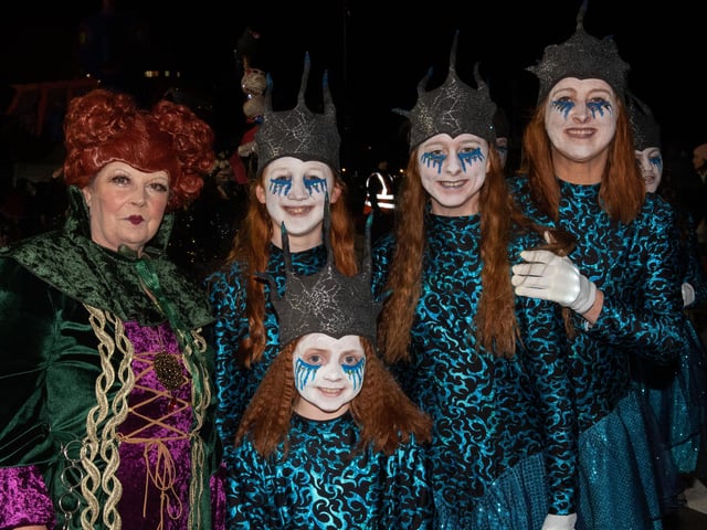 The Mayor Councillor Patricia Logue who with members of her family met with some of the Halloween Carnival Parade participants ahead of the event which the First Citizen led along the banks of the River Foyle. Picture Martin McKeown. 31.10.23