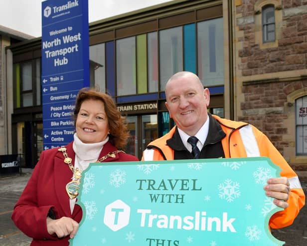 Patricia Logue Mayor of Derry City and Strabane District Council and Mark Dunn Station line Supervisor Translink