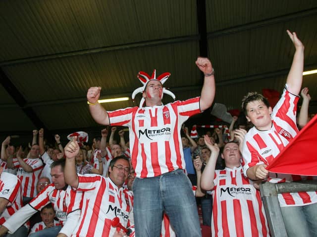 Derry fans celebrate victory over IFK Gothenburg in the UEFA Champions League 1st qualifying round in 2006.